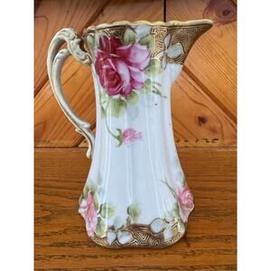 Antique RS Prussia Unmarked Floral Tankard Ewer Pitcher Gold Gilt 1890-1910